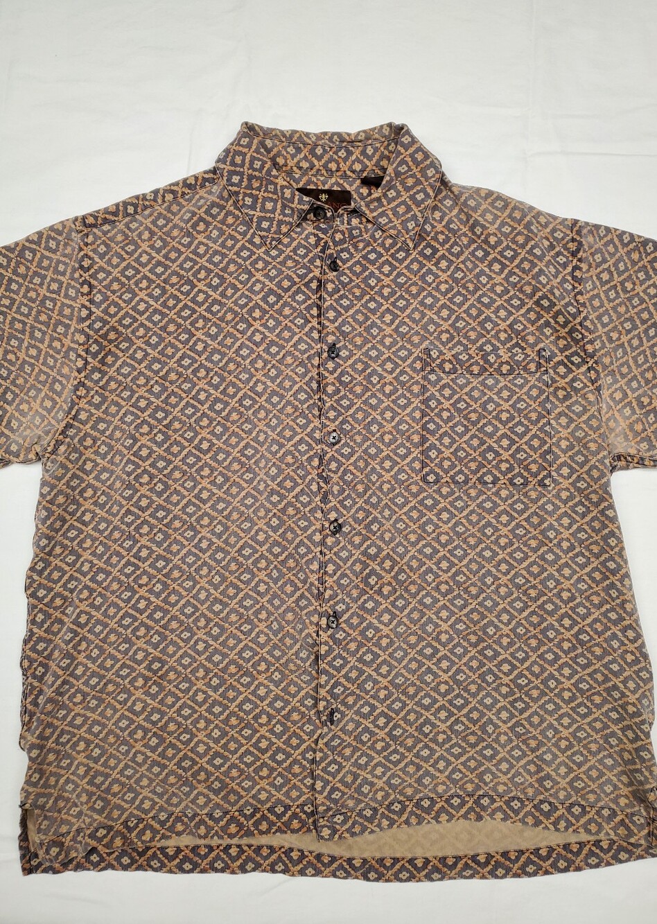 Toscano 100% Silk Short Sleeve Shirt Mens L Gray Tan Geometric Diamond Print